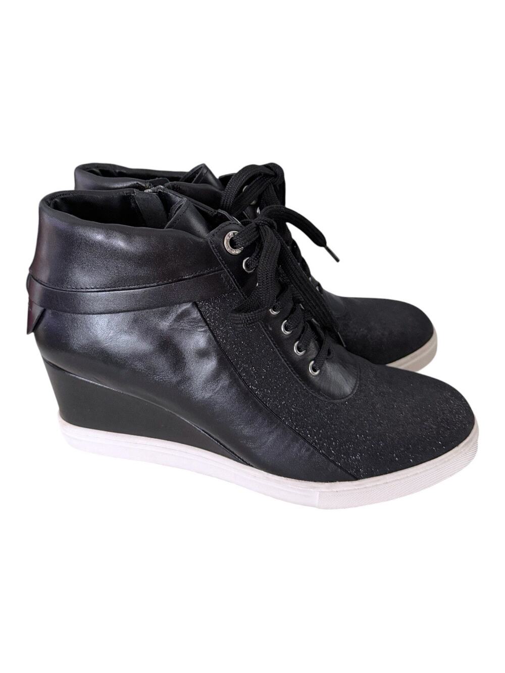 Linea Paolo Freja Black Glitter Hidden Wedge Sneakers Women's Size 8.5 Lace Up